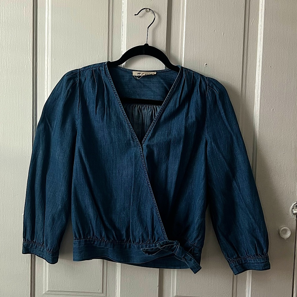 Madewell Chambray Blue Denim Wrap Blouse Top Three Quarter Sleeve